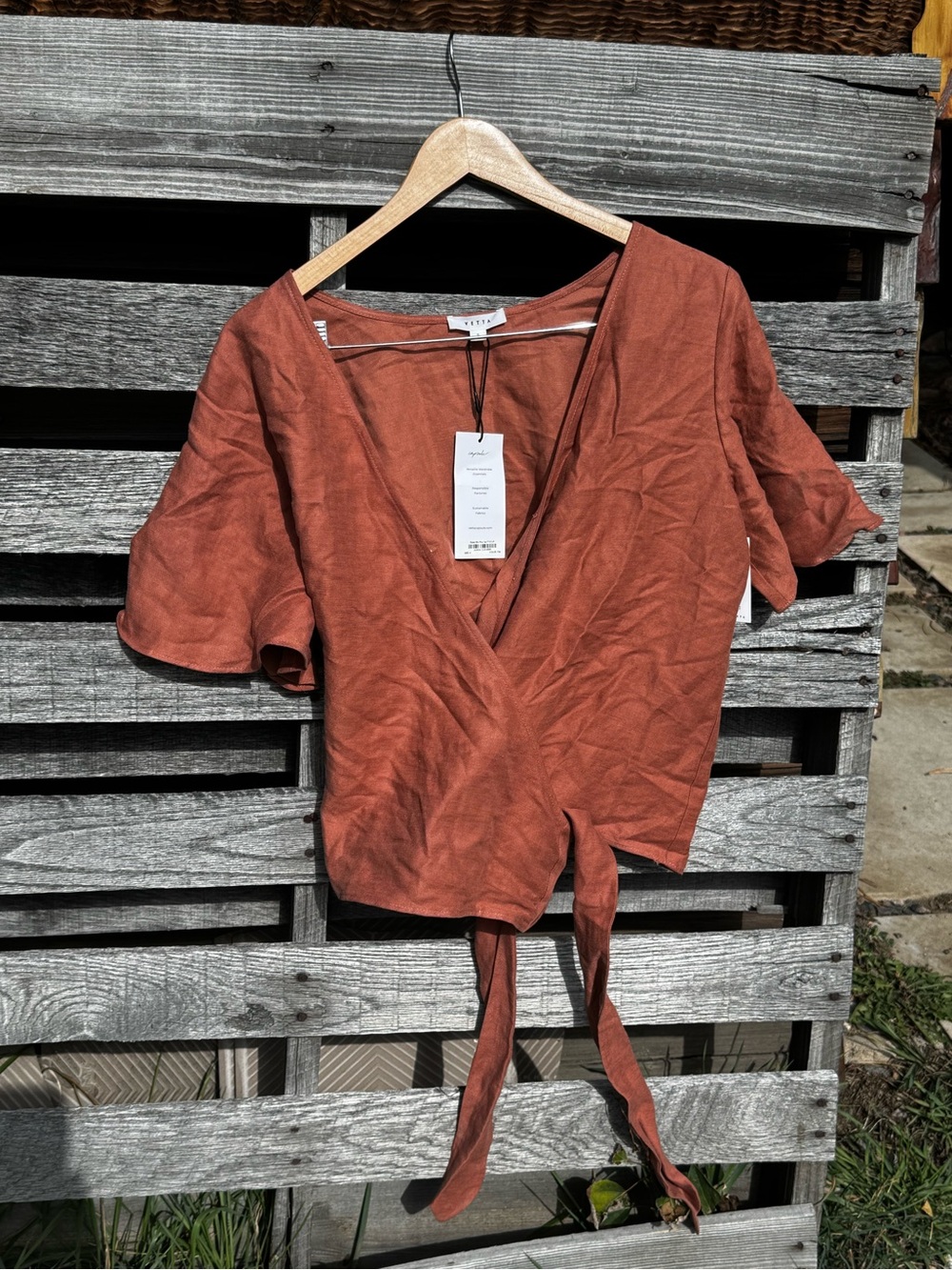 VETTA Rust Tie-Front Wrap Blouse